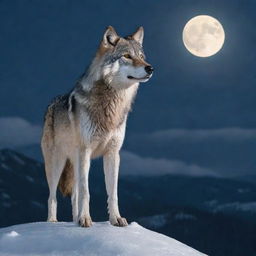 A majestic, detailed image of a grey wolf standing on a snowy mountain peak in the moonlight.