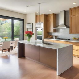 A modern kitchen with sleek countertops, stainless steel appliances, and ample natural light