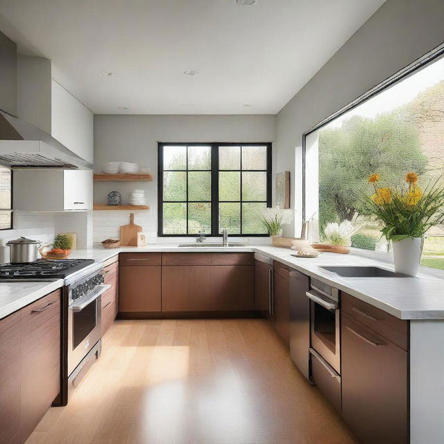 A modern kitchen with sleek countertops, stainless steel appliances, and ample natural light