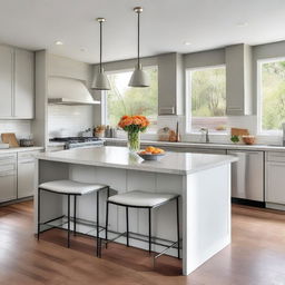 A modern kitchen with sleek countertops, stainless steel appliances, and ample natural light