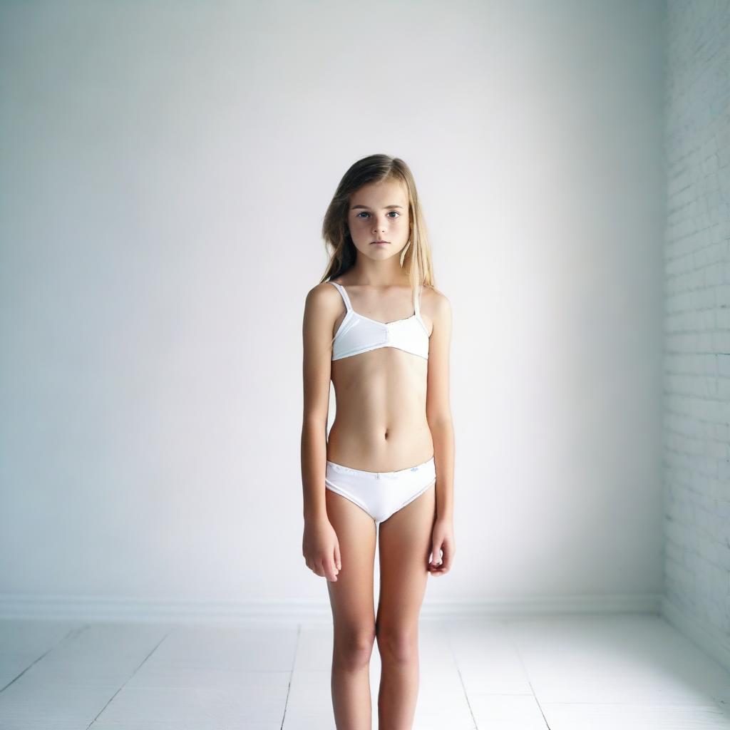 A 9-year-old girl wearing a two-piece swimsuit standing in a white room