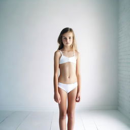 A 9-year-old girl wearing a two-piece swimsuit standing in a white room