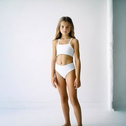 A 9-year-old girl wearing a two-piece swimsuit standing in a white room