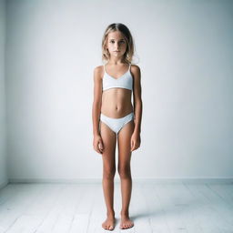 A 9-year-old girl wearing a two-piece swimsuit standing in a white room