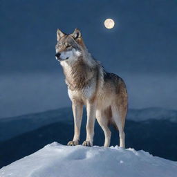 A majestic, detailed image of a grey wolf standing on a snowy mountain peak in the moonlight.