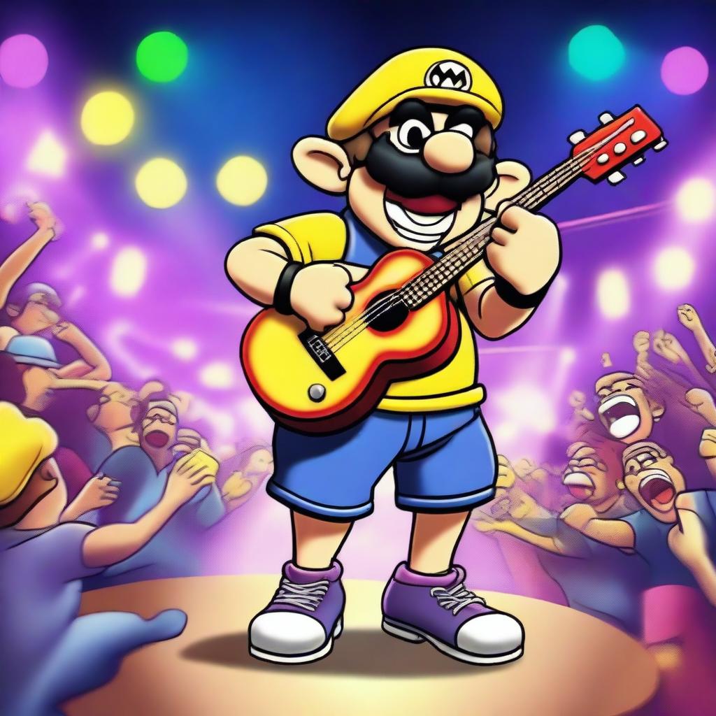 Wario dressed as a rockstar, with a guitar in hand, performing on stage with bright lights and a cheering crowd