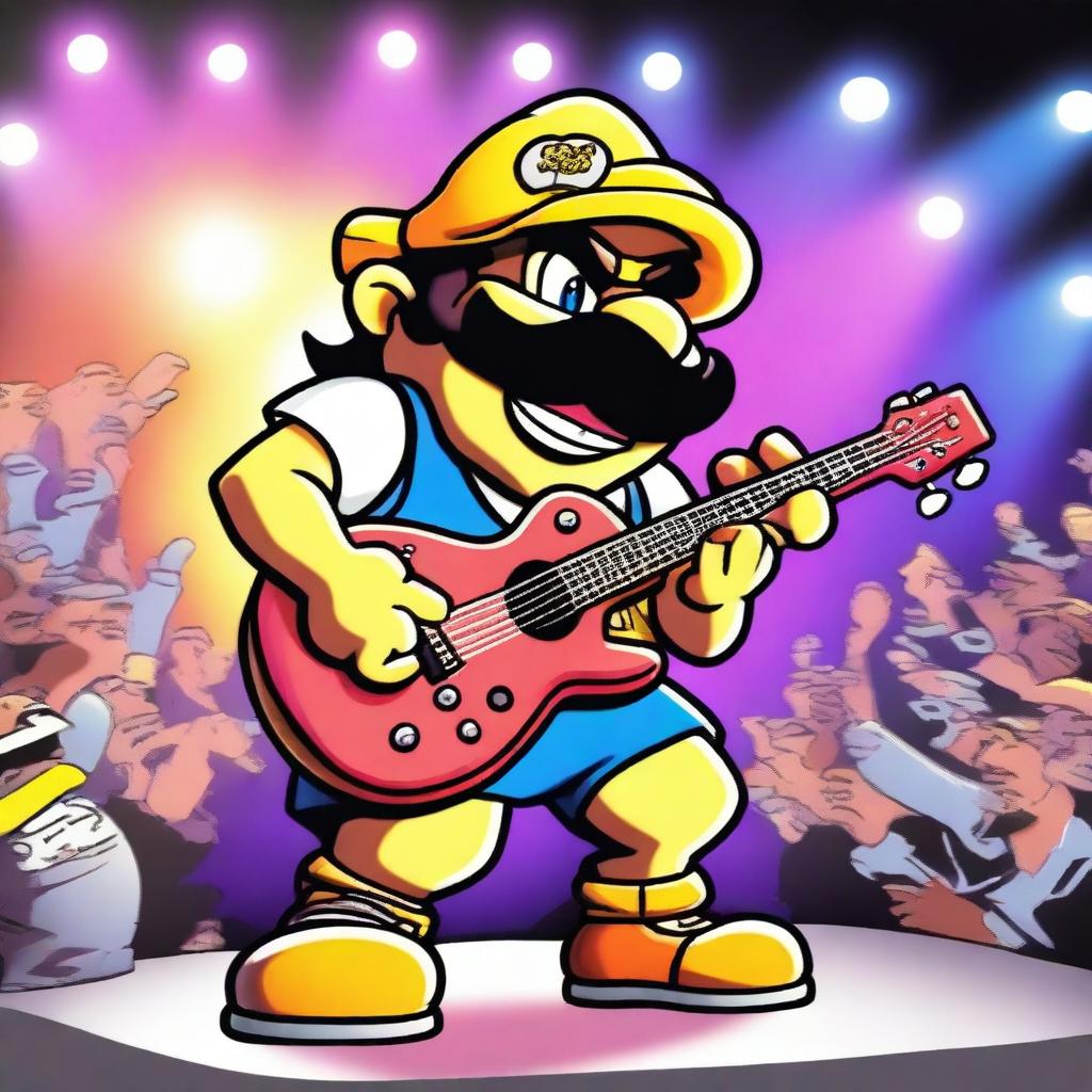 Wario dressed as a rockstar, with a guitar in hand, performing on stage with bright lights and a cheering crowd