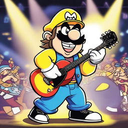 Wario dressed as a rockstar, with a guitar in hand, performing on stage with bright lights and a cheering crowd