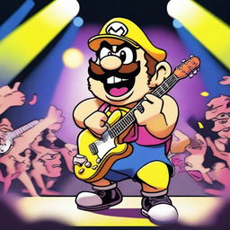 Wario dressed as a rockstar, with a guitar in hand, performing on stage with bright lights and a cheering crowd