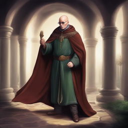 Create an image of a bald bard wearing a cloak that covers his entire body and having one eye of a different color