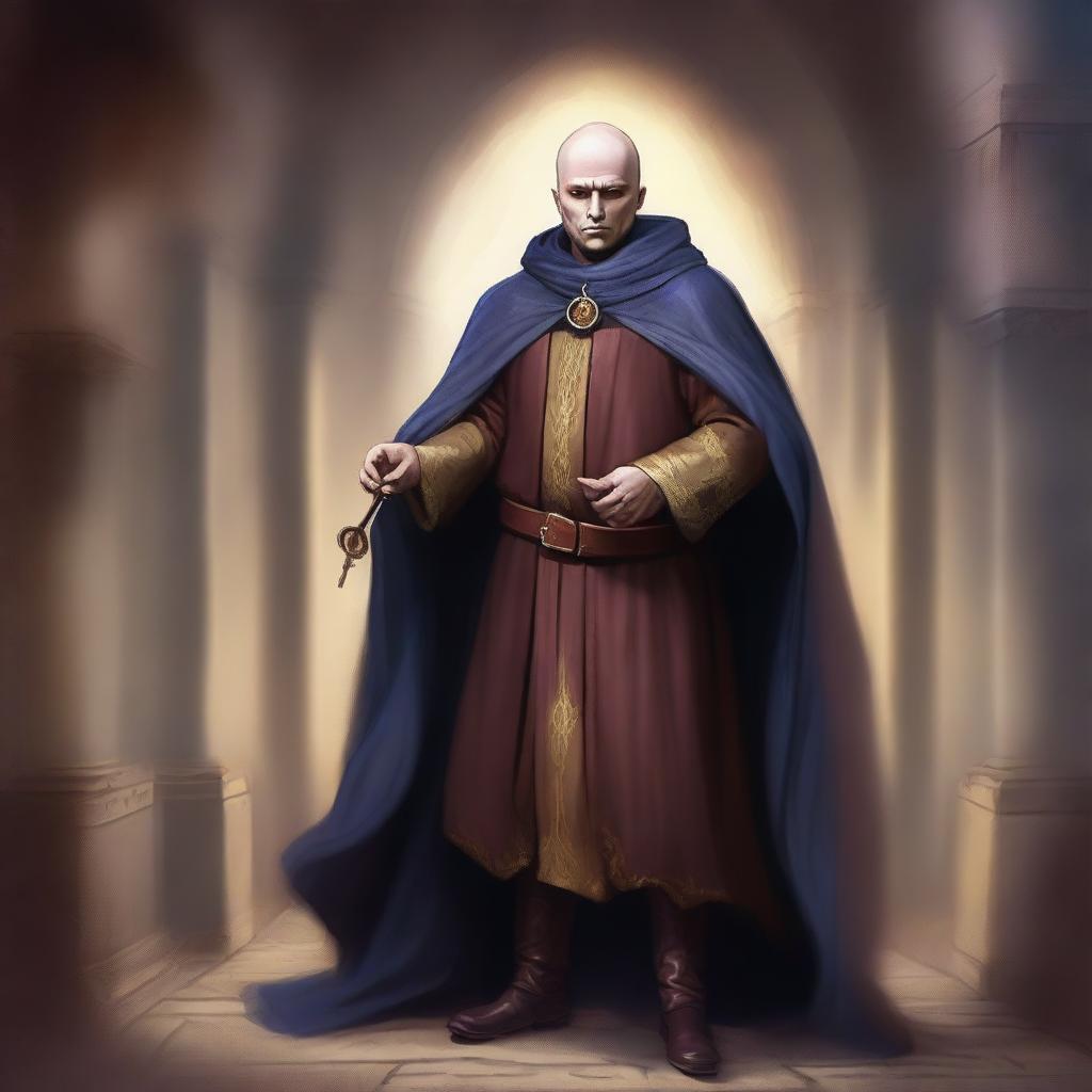 Create an image of a bald bard wearing a cloak that covers his entire body and having one eye of a different color