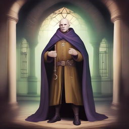 Create an image of a bald bard wearing a cloak that covers his entire body and having one eye of a different color