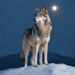 A majestic, detailed image of a grey wolf standing on a snowy mountain peak in the moonlight.