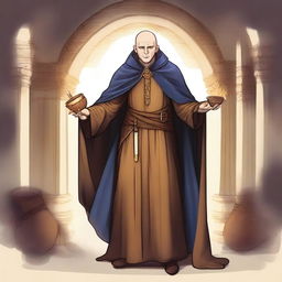 Create an image of a bald bard wearing a cloak that covers his entire body and having one eye of a different color