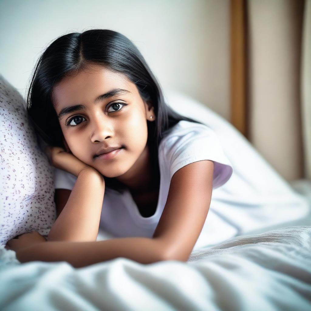 A 12-year-old girl lying on a bed in a comfortable and relaxed manner