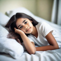 A 12-year-old girl lying on a bed in a comfortable and relaxed manner