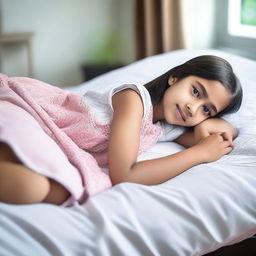 A 12-year-old girl lying on a bed in a comfortable and relaxed manner