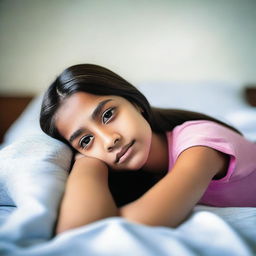 A 12-year-old girl lying on a bed in a comfortable and relaxed manner