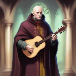 Create an image of a bald bard with hair on the sides but not on the crown, wearing a cloak that covers his entire body and having one eye of a different color