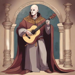 Create an image of a bald bard with hair on the sides but not on the crown, wearing a cloak that covers his entire body and having one eye of a different color