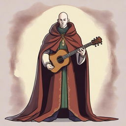 Create an image of a bald bard with hair on the sides but not on the crown, wearing a cloak that covers his entire body and having one eye of a different color