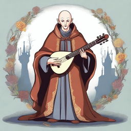 Create an image of a bald bard with hair on the sides but not on the crown, wearing a cloak that covers his entire body and having one eye of a different color