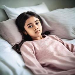 A 12-year-old girl lying on a bed in a comfortable and relaxed manner