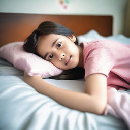 A 12-year-old girl lying on a bed in a comfortable and relaxed manner