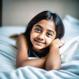 A 12-year-old girl lying on a bed in a comfortable and relaxed manner