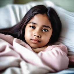 A 12-year-old girl lying on a bed in a comfortable and relaxed manner