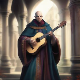 Create an image of a bald bard with some hair on the sides but not on the crown, wearing a cloak that covers his entire body and having one eye of a different color