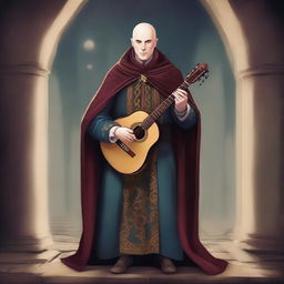 Create an image of a bald bard with some hair on the sides but not on the crown, wearing a cloak that covers his entire body and having one eye of a different color