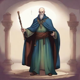 Create an image of a bald bard with some hair on the sides but not on the crown, wearing a cloak that covers his entire body and having one eye of a different color