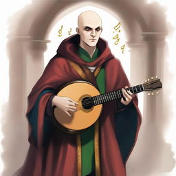 Create an image of a bald bard with some hair on the sides but not on the crown, wearing a cloak that covers his entire body and having one eye of a different color