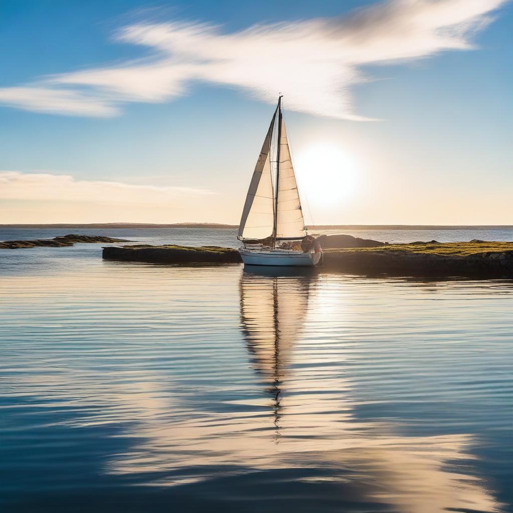 A beautiful sailboat navigating the waters of Uruguay, with the coast in the background