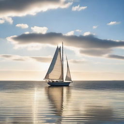 A beautiful sailboat navigating the waters of Uruguay, with the coast in the background