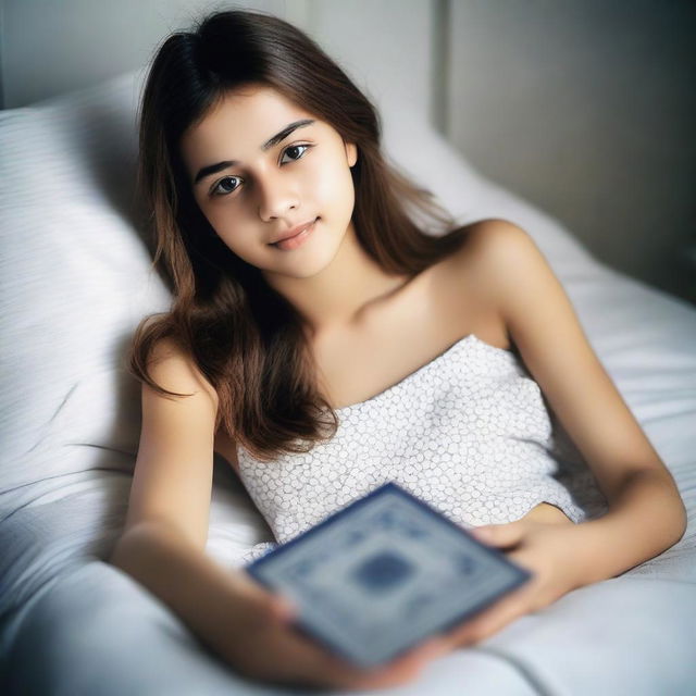 A 16-year-old girl lying on a bed, holding a tile