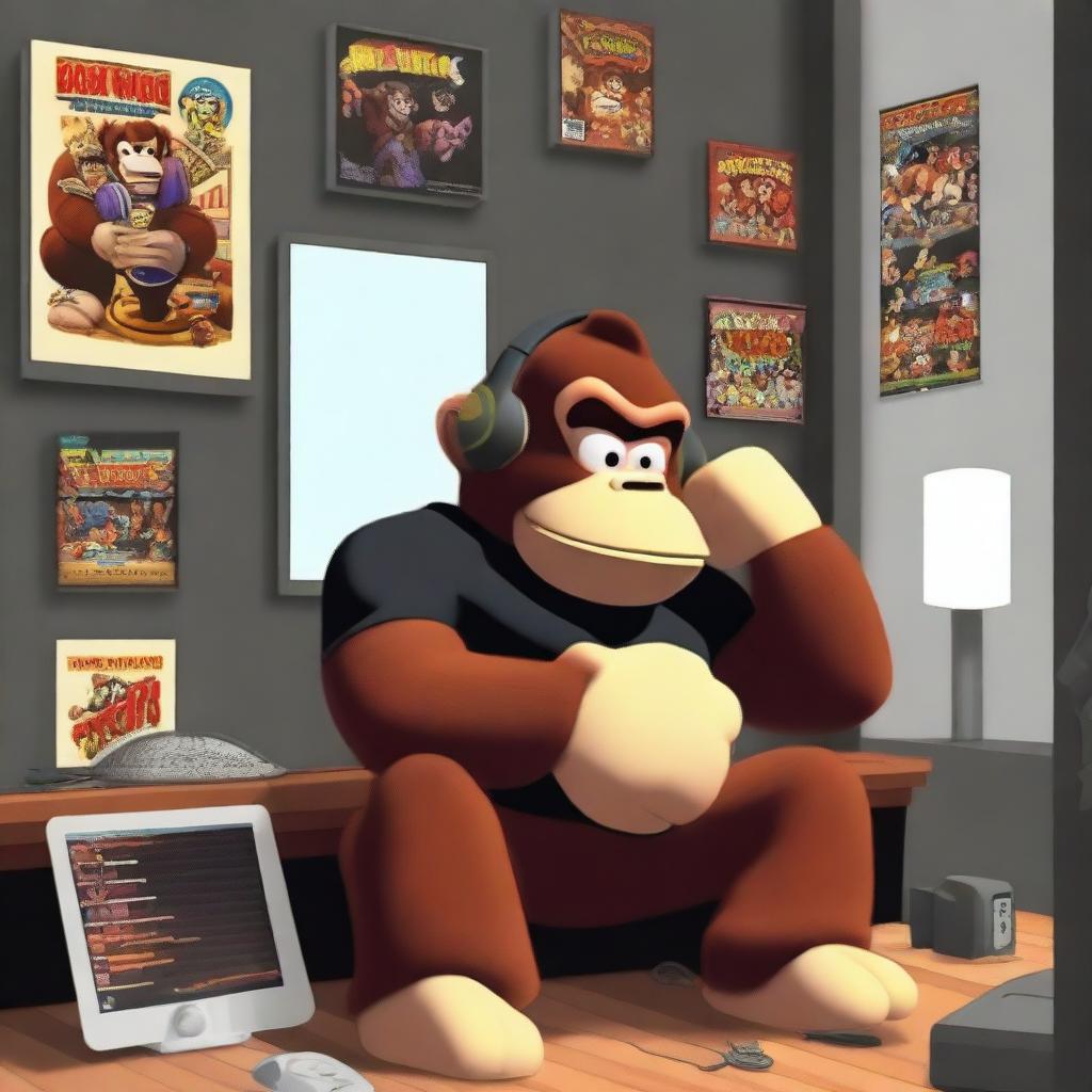 Donkey Kong in a black t-shirt, sitting in his room, listening to music on his headphones while watching his cell phone