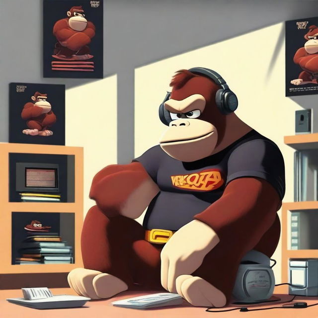 Donkey Kong in a black t-shirt, sitting in his room, listening to music on his headphones while watching his cell phone