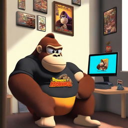 Donkey Kong in a black t-shirt, sitting in his room, listening to music on his headphones while watching his cell phone