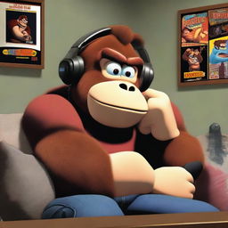 Donkey Kong in a black t-shirt, sitting in his room, listening to music on his headphones while watching his cell phone