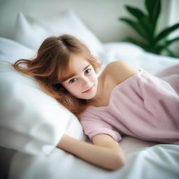 A 16-year-old girl lying on a bed, with a playful and imaginative twist where she has a tail