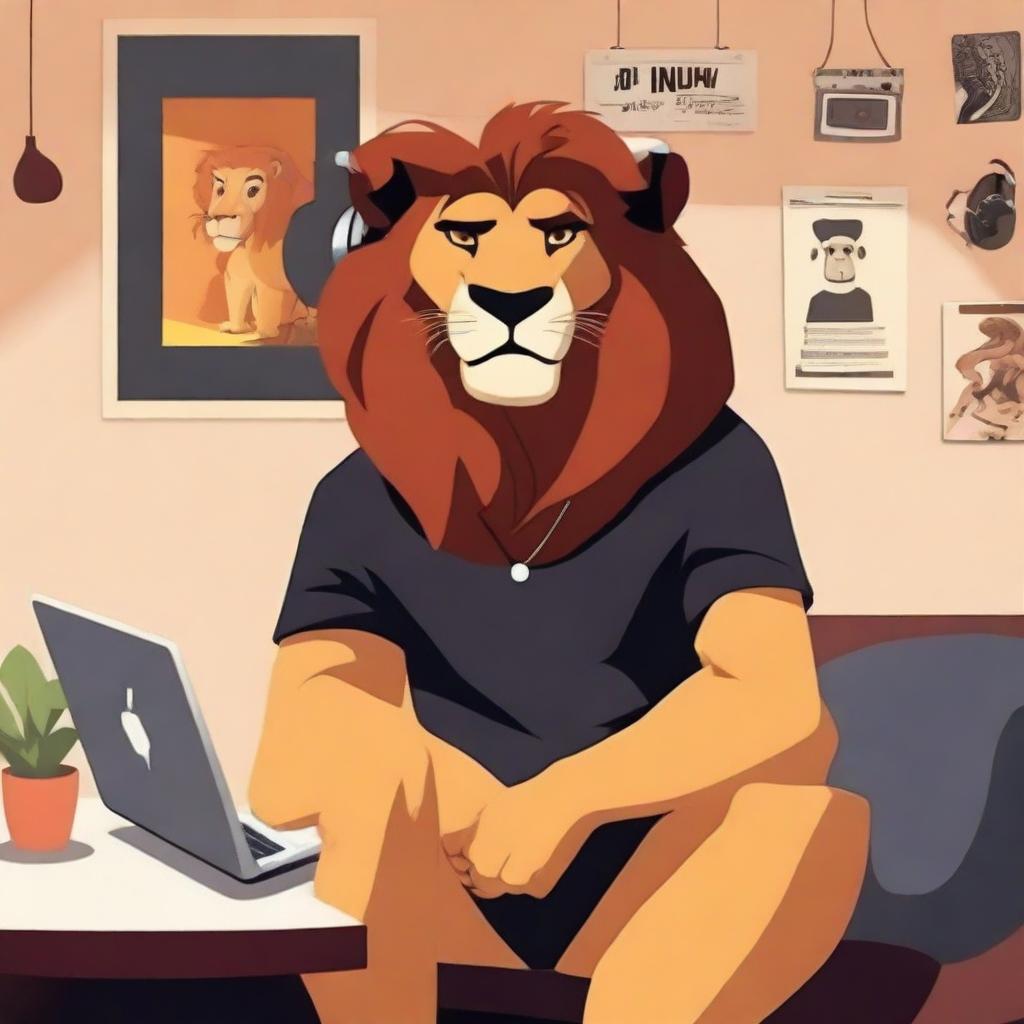 An adult lion resembling Simba from The Lion King wearing a black t-shirt