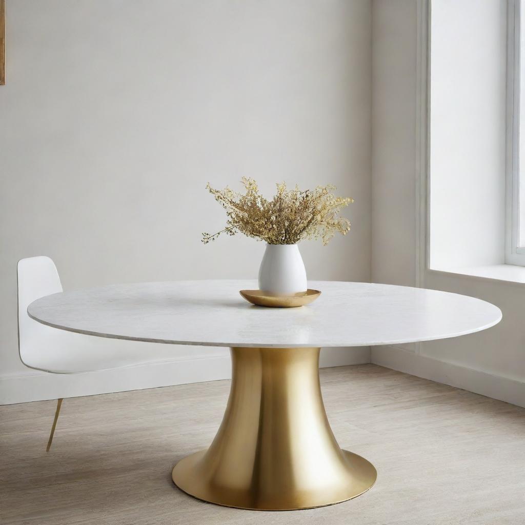 A dining table with a large white tabletop and a golden base