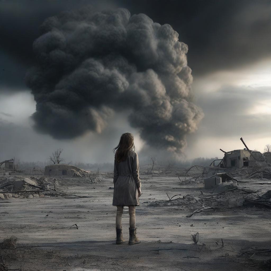 A dramatic scene featuring a girl in the aftermath of a nuclear explosion