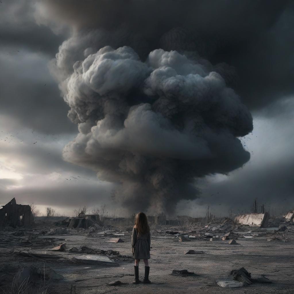 A dramatic scene featuring a girl in the aftermath of a nuclear explosion