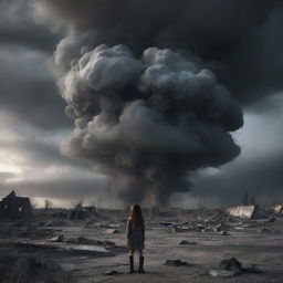 A dramatic scene featuring a girl in the aftermath of a nuclear explosion