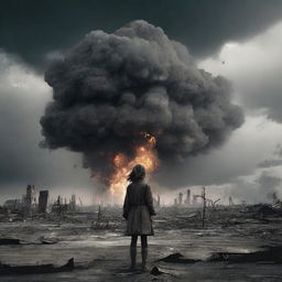 A dramatic scene featuring a girl in the aftermath of a nuclear explosion