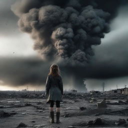 A dramatic scene featuring a girl in the aftermath of a nuclear explosion