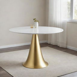 A dining table with a large white tabletop and a golden base